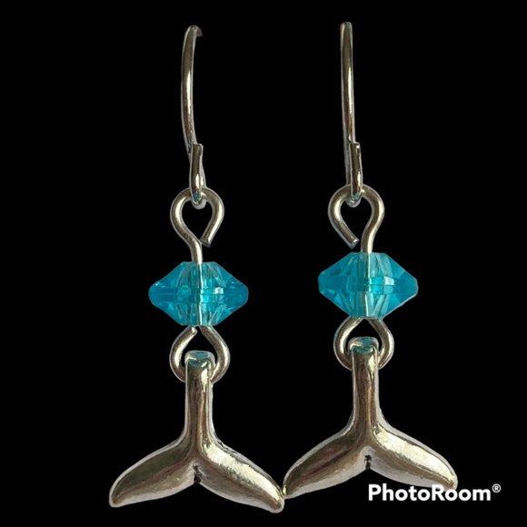 Silver Mermaid Whale Tail Earrings Aqua Bead Plated Dangle Dainty Nautical - Picture 5 of 12